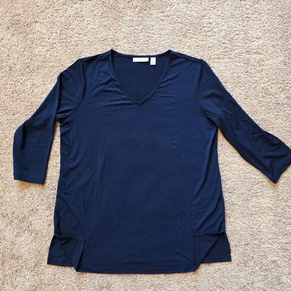 Susan Graver Liquid Knit V Neck Top Stretch Blue M 3/4 Sleeve A367235 NEW